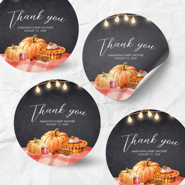 Little Pumpkin Autumn Picnic Baby Shower Classic Round Sticker (Pumpkin Fall Baby Shower Round Sticker)