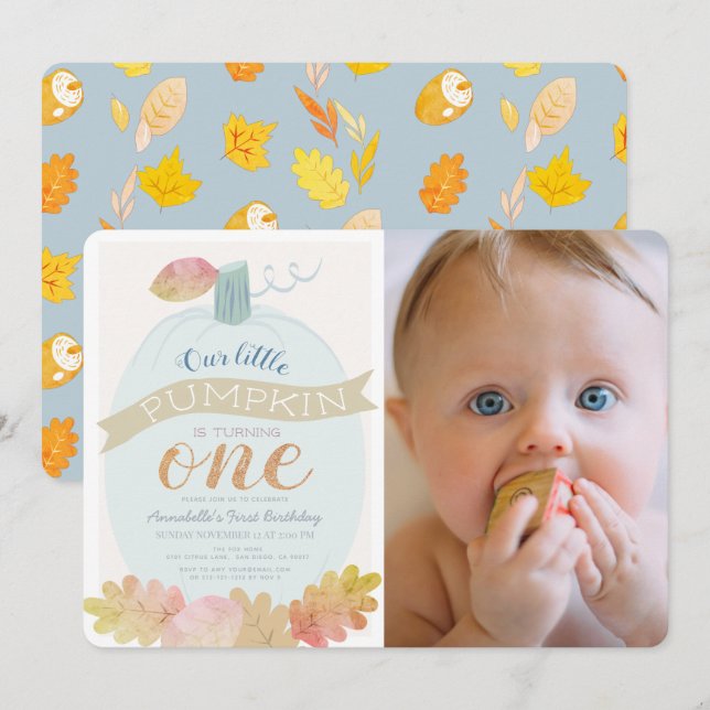 Little Pumpkin Baby Blue Boy 1st Birthday Photo Invitation (Front/Back)