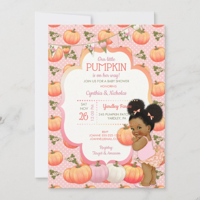 Little Pumpkin Baby Girl Shower Dark Tone Puffs In Invitation (Front)