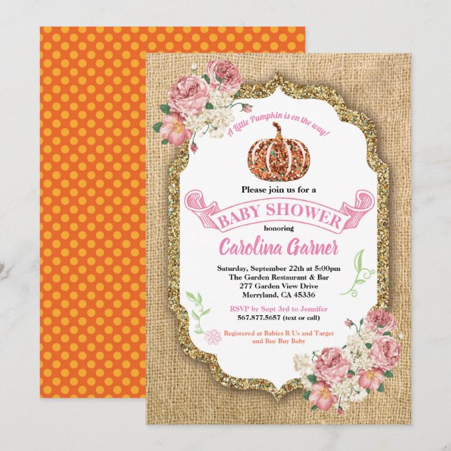 Little pumpkin baby girl shower invitation burlap (Front/Back)