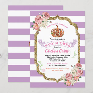 Little pumpkin baby girl shower purple and gold invitation