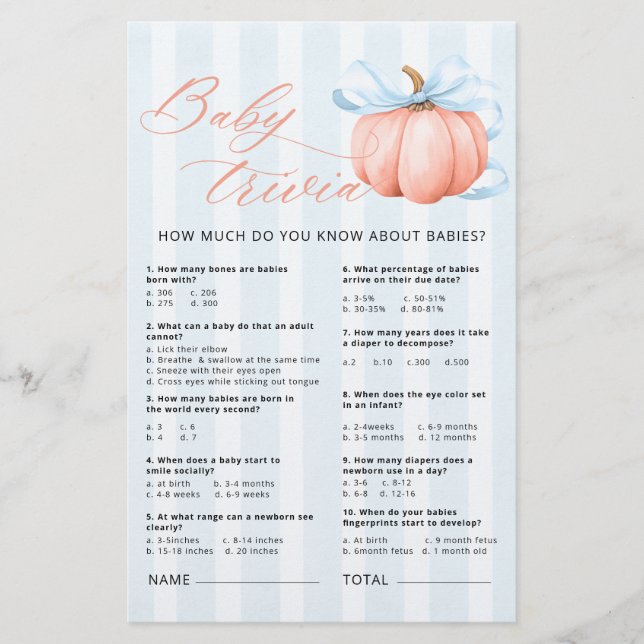Little Pumpkin Baby Shower Baby Trivia Game (Front)