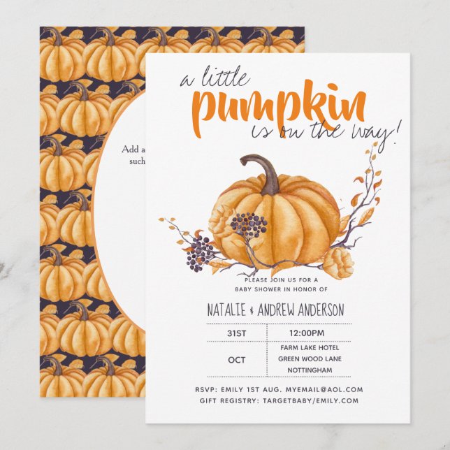 Little Pumpkin Baby Shower Fall Halloween Org/Purp Invitation (Front/Back)