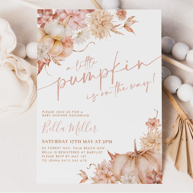 Little Pumpkin Baby Shower Fall Pink Floral  Invitation (A little pumpkin is on the way! Matching items available.)