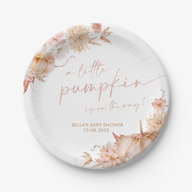 Little Pumpkin Baby Shower Fall Pink Floral  Paper Plate (Front)