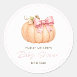 Little Pumpkin Baby Shower Fall Pink Pumpkin Bow Classic Round Sticker