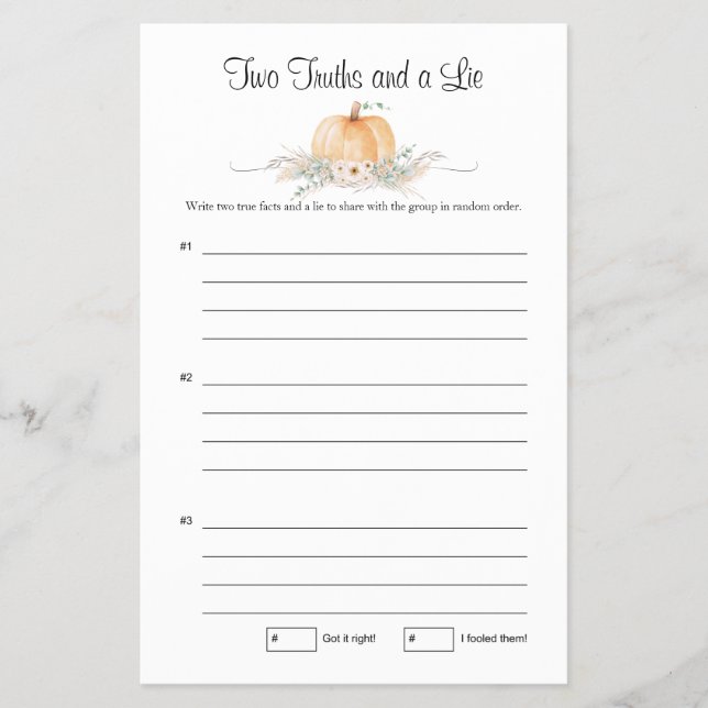 Little Pumpkin Baby Shower Game Two Truths Flyer (Front)