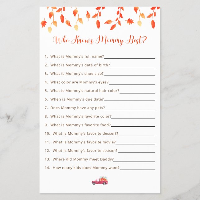 Little Pumpkin Baby Shower Game Who Knows Mom Best Flyer (Front)