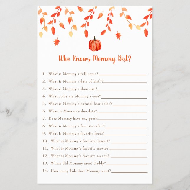 Little Pumpkin Baby Shower Game Who Knows Mommy  Flyer (Front)