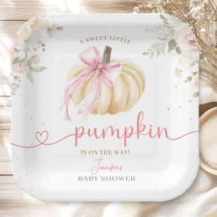 Little Pumpkin Baby Shower Girl Pink Bow Paper Plate