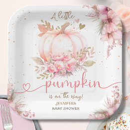 Little Pumpkin Baby Shower Girl Pink Fall Autumn Paper Plate