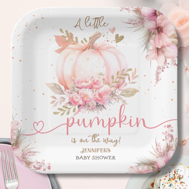 Little Pumpkin Baby Shower Girl Pink Fall Autumn Paper Plate (Creator Uploaded)