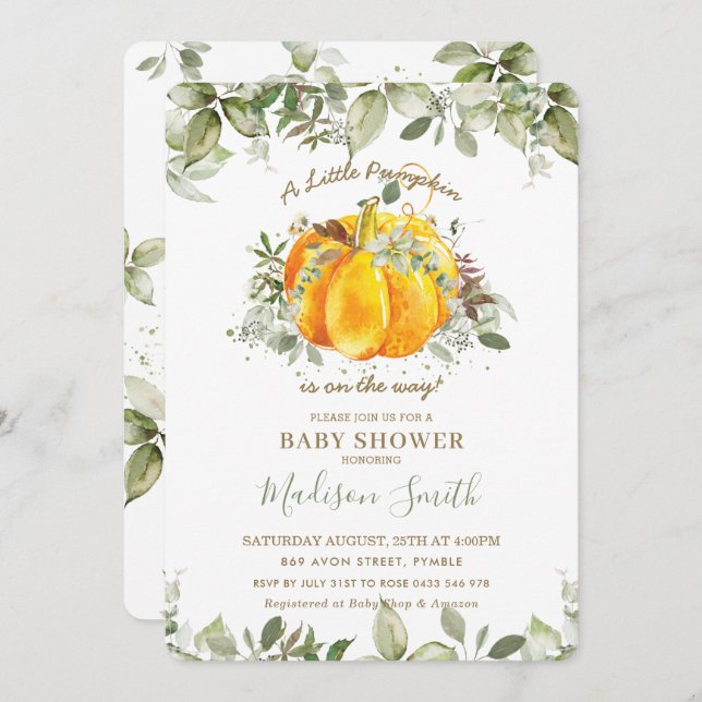 Little Pumpkin Baby Shower Greenery Gender Neutral Invitation (Front/Back)