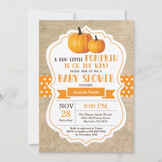 Little Pumpkin Baby Shower Invitation Card Burlap (Front)