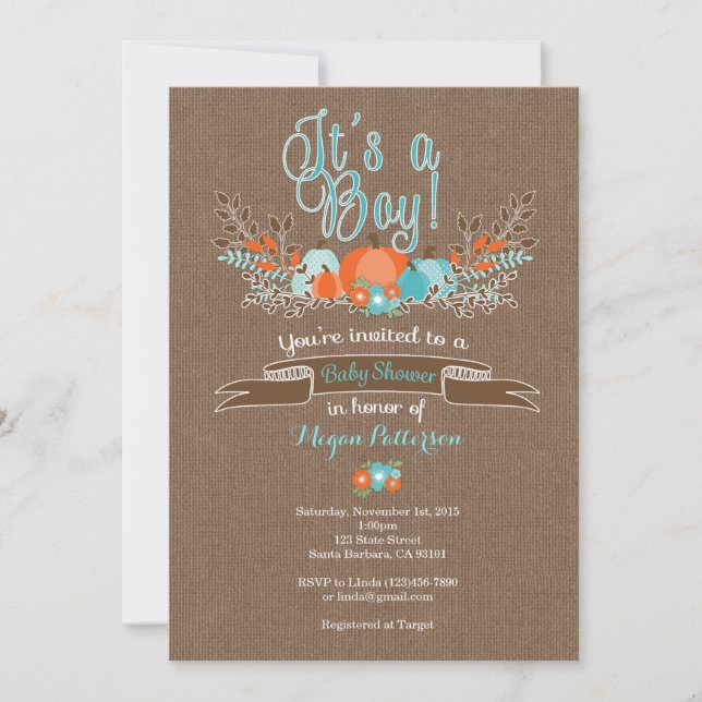 Little Pumpkin Baby Shower Invitation for Boy (Front)