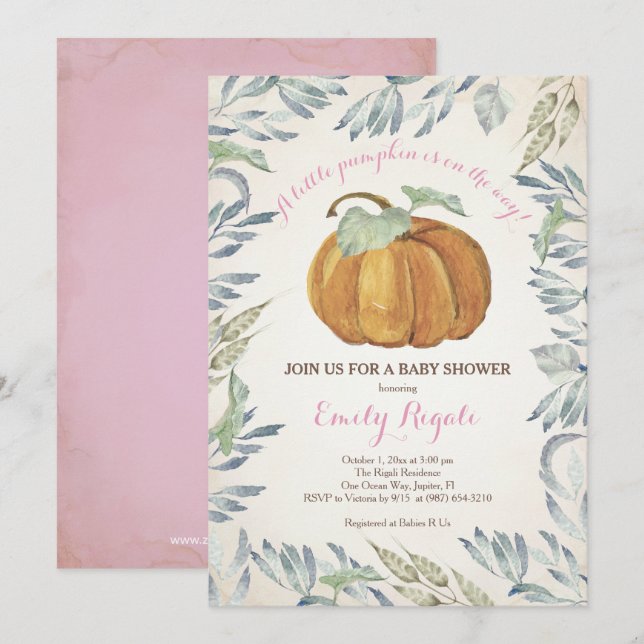 Little Pumpkin Baby Shower Invitation, Girl Invitation (Front/Back)