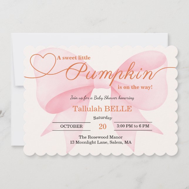 Little Pumpkin Baby Shower Invitation – Pink Bow (Front)