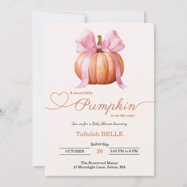 Little Pumpkin Baby Shower Invitation – Pink Bow (Front)