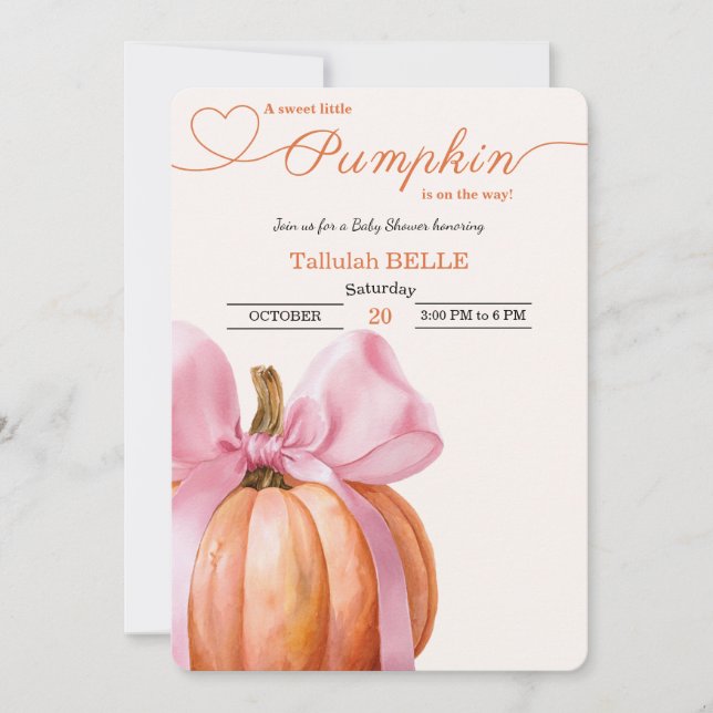 Little Pumpkin Baby Shower Invitation – Pink Bow (Front)