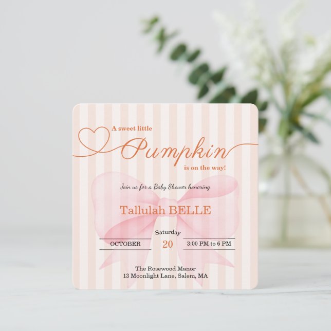 Little Pumpkin Baby Shower Invitation – Pink Bow (Standing Front)