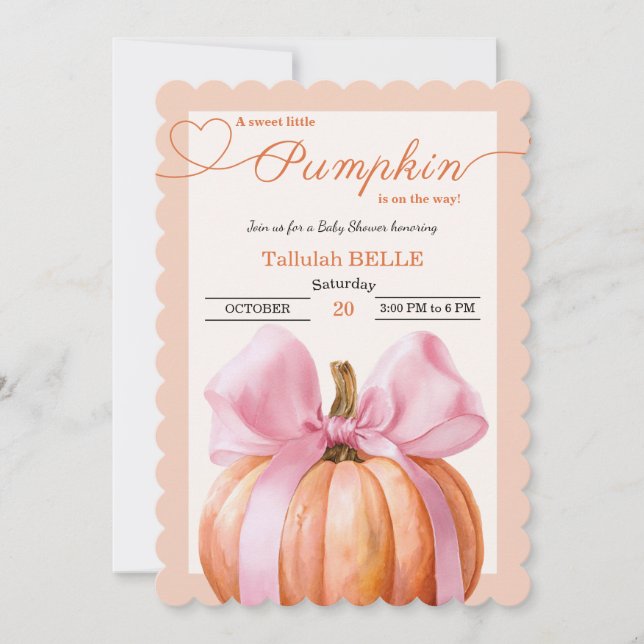 Little Pumpkin Baby Shower Invitation – Pink Bow (Front)