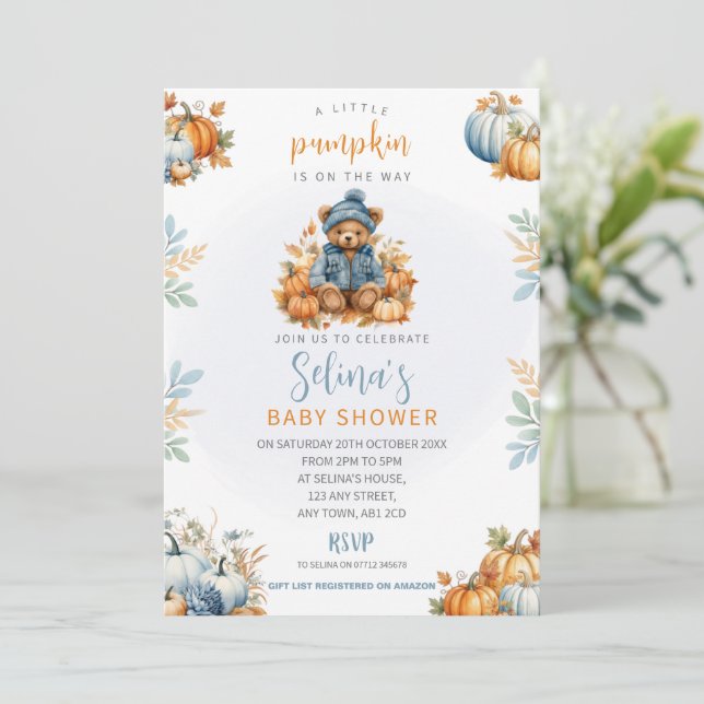 Little Pumpkin Baby Shower Invite, Blue Fall Theme Invitation (Standing Front)