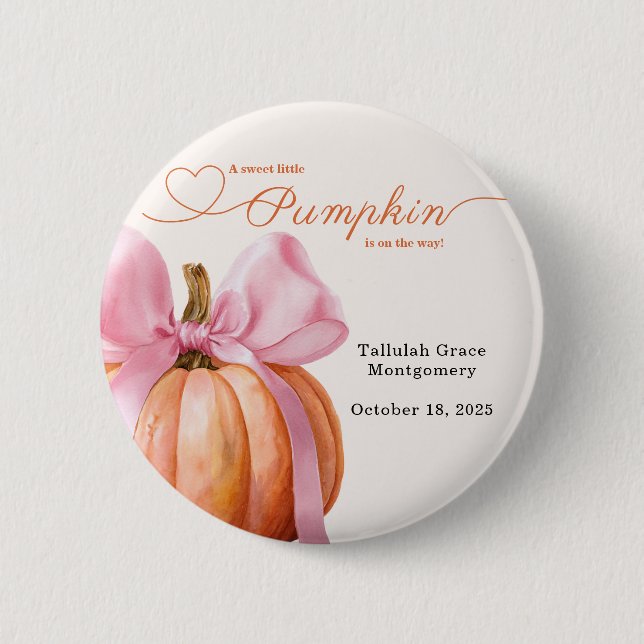 Little Pumpkin Baby Shower – Pink Bow Fall  6 Cm Round Badge (Front)