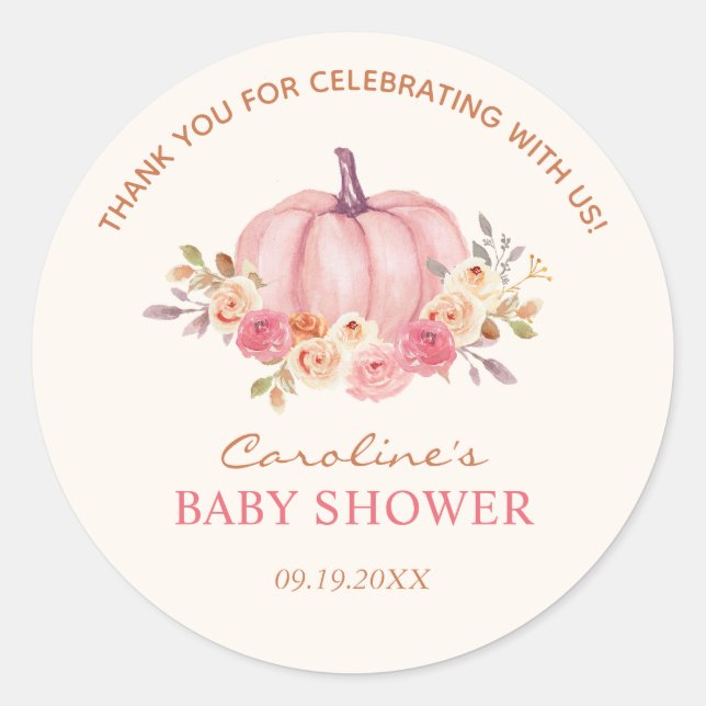 Little Pumpkin Baby Shower Pink Girl  Classic Round Sticker (Front)