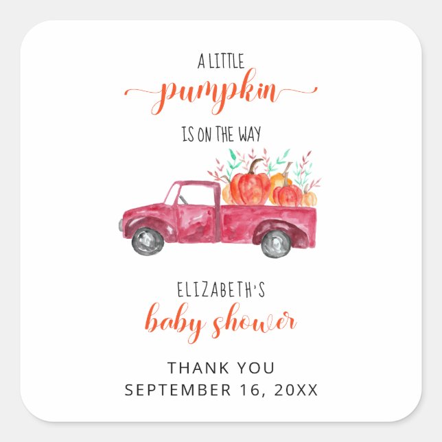 Little Pumpkin Baby Shower Red Truck Fall Autumn Square Sticker (Front)