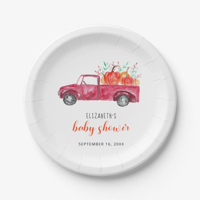 Little Pumpkin Baby Shower Red Truck Fall Cute Paper Plate (Front)