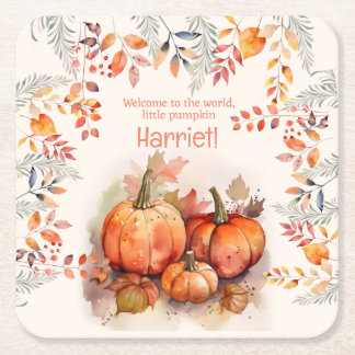 Little Pumpkin Baby Shower Square Paper Coaster