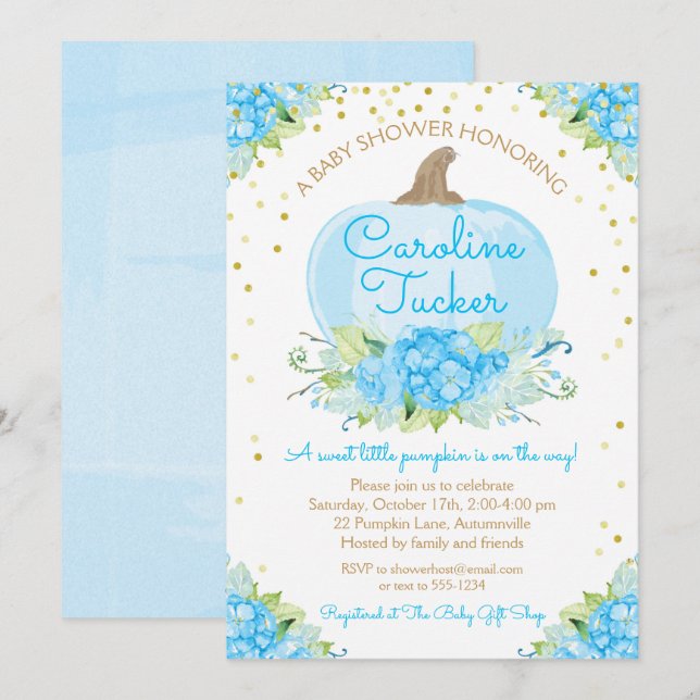 Little Pumpkin Baby Shower Watercolor Blue Gold Invitation (Front/Back)