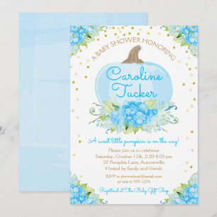 Little Pumpkin Baby Shower Watercolor Blue Gold Invitation