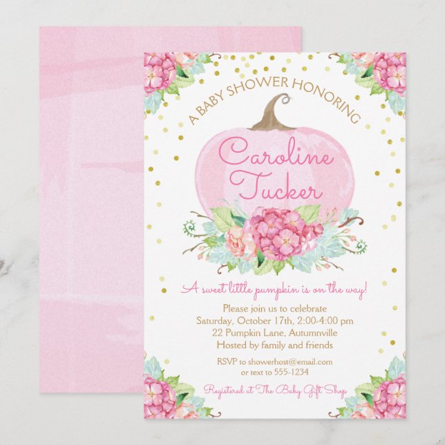 Little Pumpkin Baby Shower Watercolor Pink Gold Invitation (Front/Back)