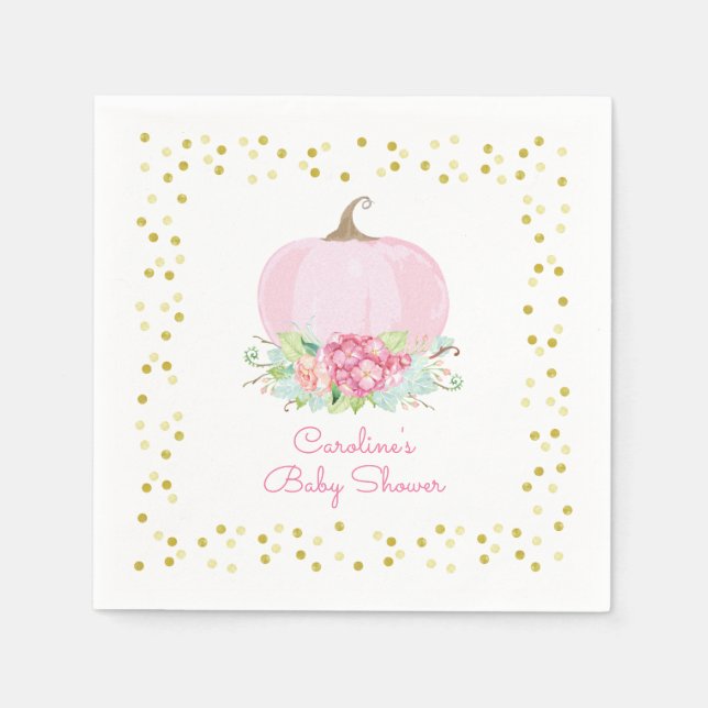 Little Pumpkin Baby Shower Watercolor Pink Gold Napkin (Front)