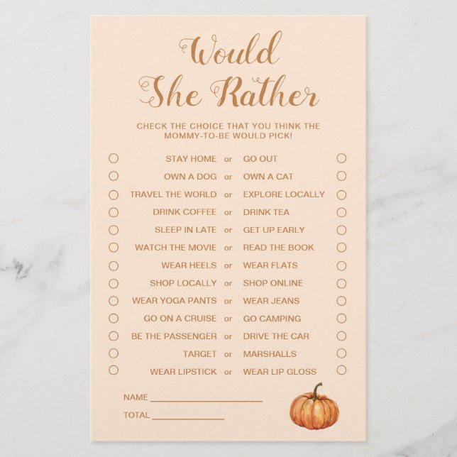 Little Pumpkin Baby Shower Would She Rather Game (Front)