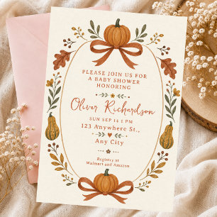 Little Pumpkin Baby Watercolor Bow Fall Autumn Invitation