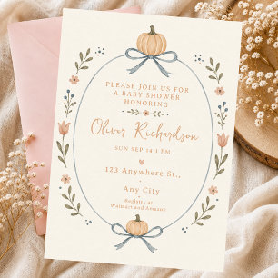 Little Pumpkin Baby Watercolor Bow Fall Autumn Invitation
