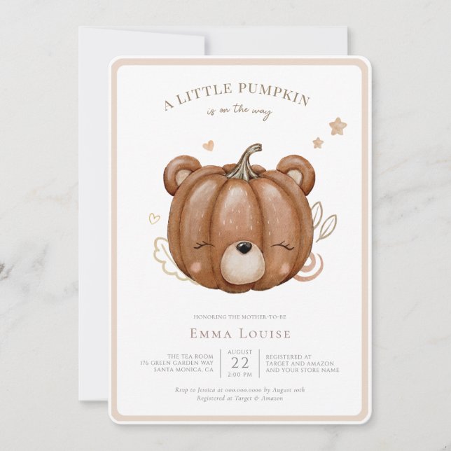Little Pumpkin Bear Fall Baby Shower Neutral  Invitation (Front)