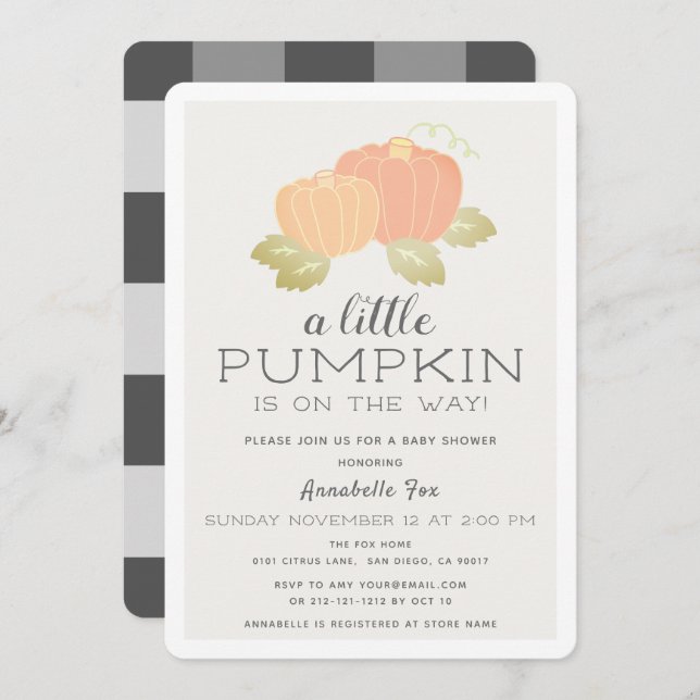 Little Pumpkin Beige Black Gingham Baby Shower Invitation (Front/Back)