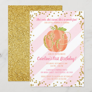 Little Pumpkin Birthday Invitation Pink and Gold