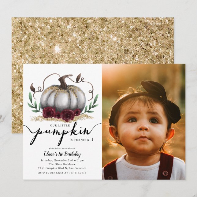 Little Pumpkin Birthday Party Gold Photo Invitation (Front/Back)