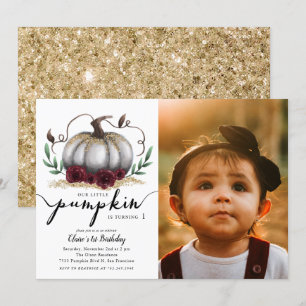 Little Pumpkin Birthday Party Gold Photo Invitation