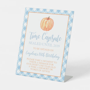 Little Pumpkin blue 1st Birthday Time Capsule Pedestal Sign
