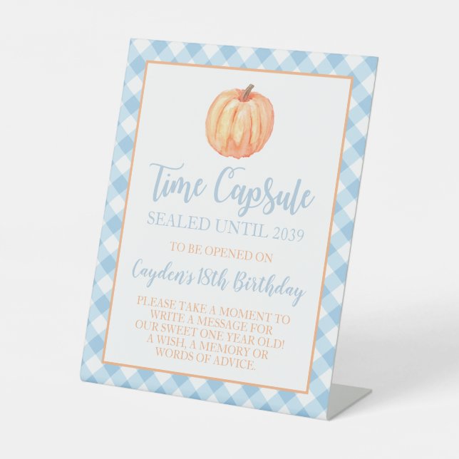 Little Pumpkin blue 1st Birthday Time Capsule Pedestal Sign (Front)