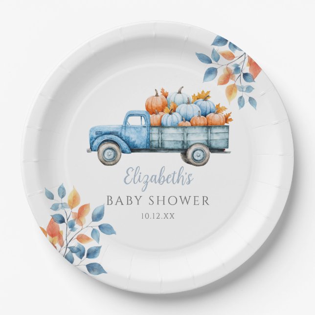 Little Pumpkin Blue Baby Shower Photo Backdrop Paper Plate (Front)