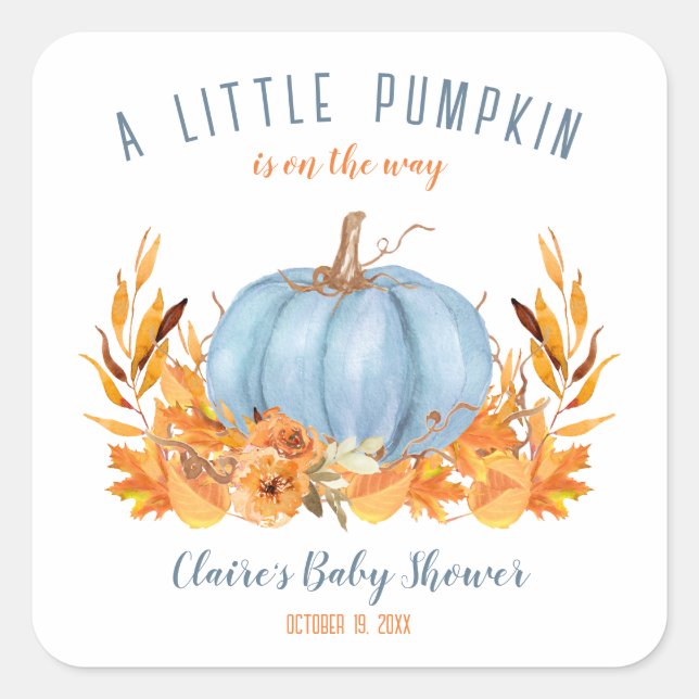 Little Pumpkin Blue Baby Shower Square Sticker (Front)