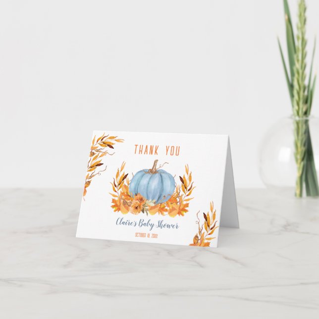 Little Pumpkin Blue Baby Shower Thank You Card (Front)