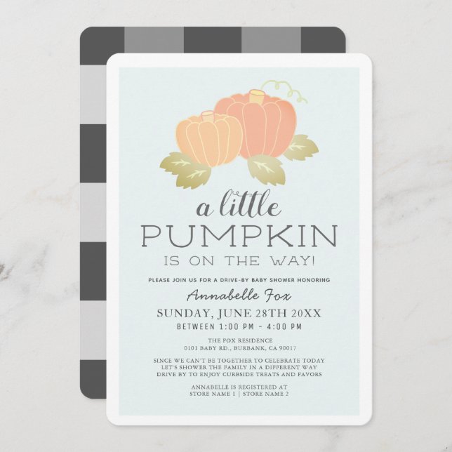 Little Pumpkin Blue Black Drive-by Baby Shower Invitation (Front/Back)