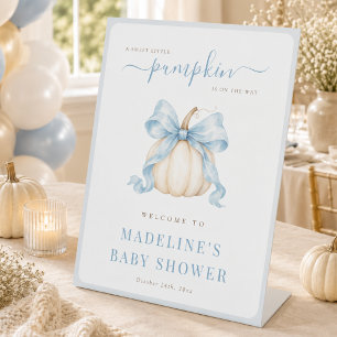 Little Pumpkin Blue Bow Baby Boy Shower Welcome Pedestal Sign